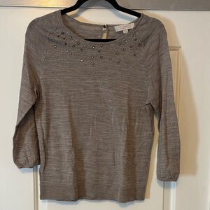 LOFT gray lightweight sweater with Embellished Neckline
